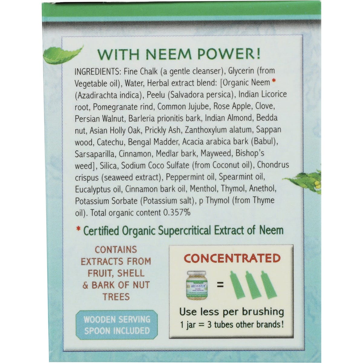 Back label of Auromere Fresh Mint Ayurvedic toothpaste jar showing ingredients and usage instructions.