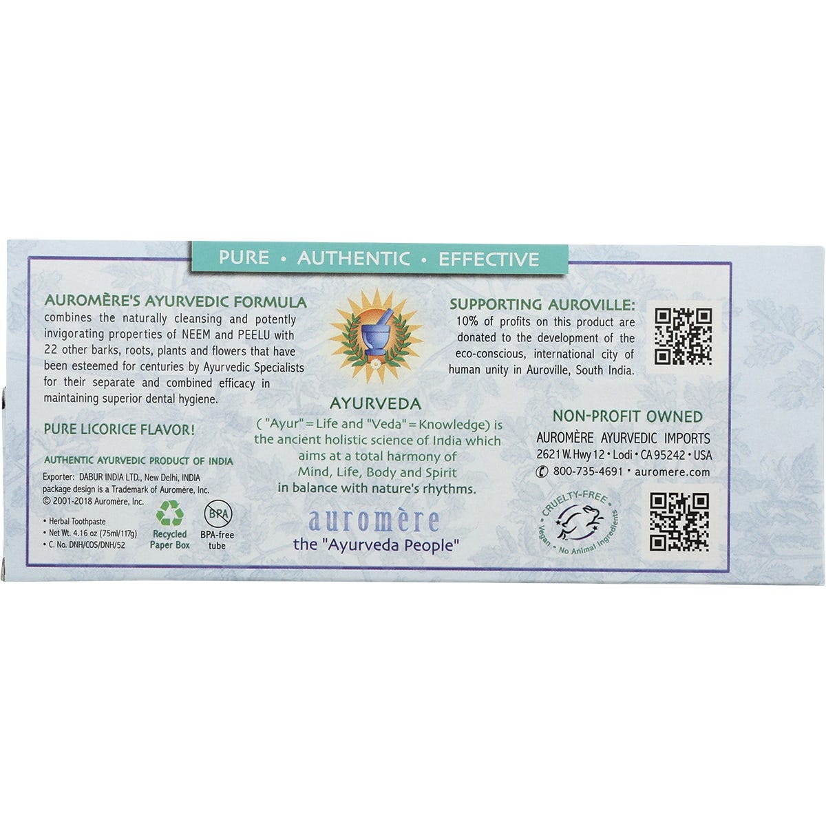 Pack of six Auromere Mint-Free Ayurvedic Toothpaste tubes in white and orange packaging.