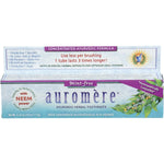 Six 117g tubes of Auromere Mint-Free Ayurvedic Toothpaste in white and orange packaging on a white background.