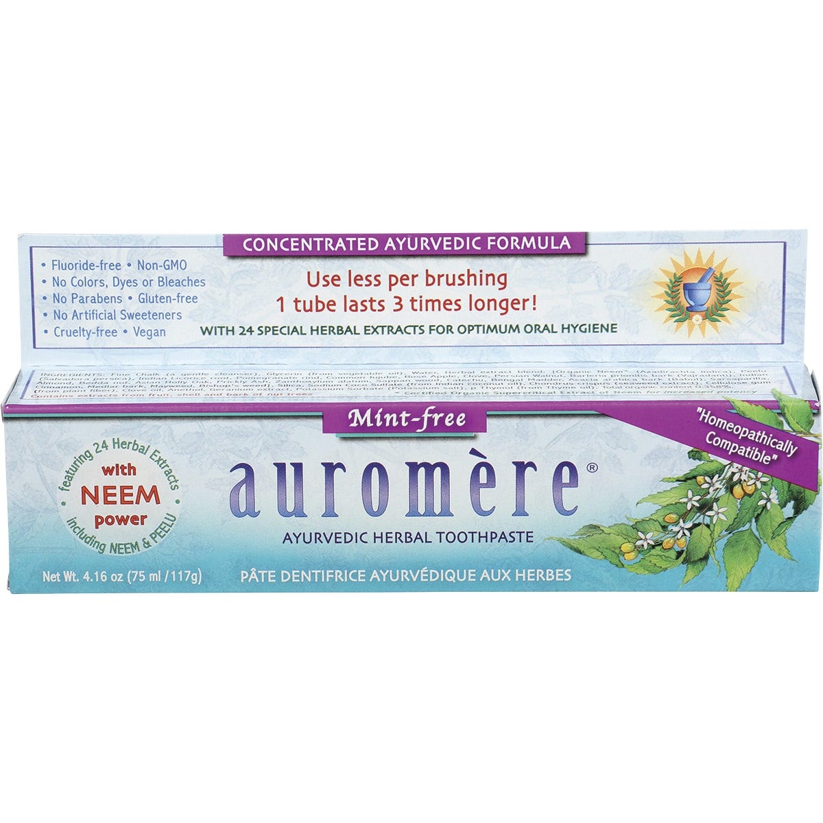 Six 117g tubes of Auromere Mint-Free Ayurvedic Toothpaste in white and orange packaging on a white background.