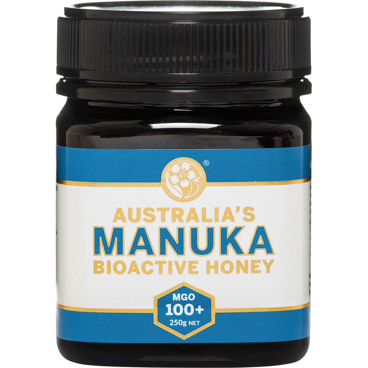 250g jar of Australia's Manuka Bioactive Honey MGO100+ with a gold lid and botanical label.