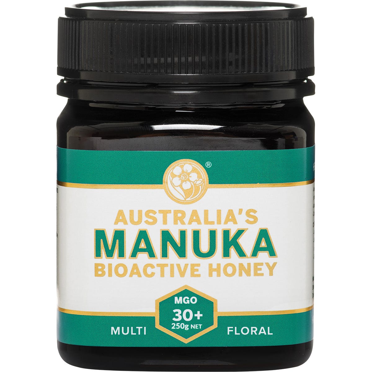 Australia's Manuka Bioactive Honey MGO30+ 250g jar on a white background.