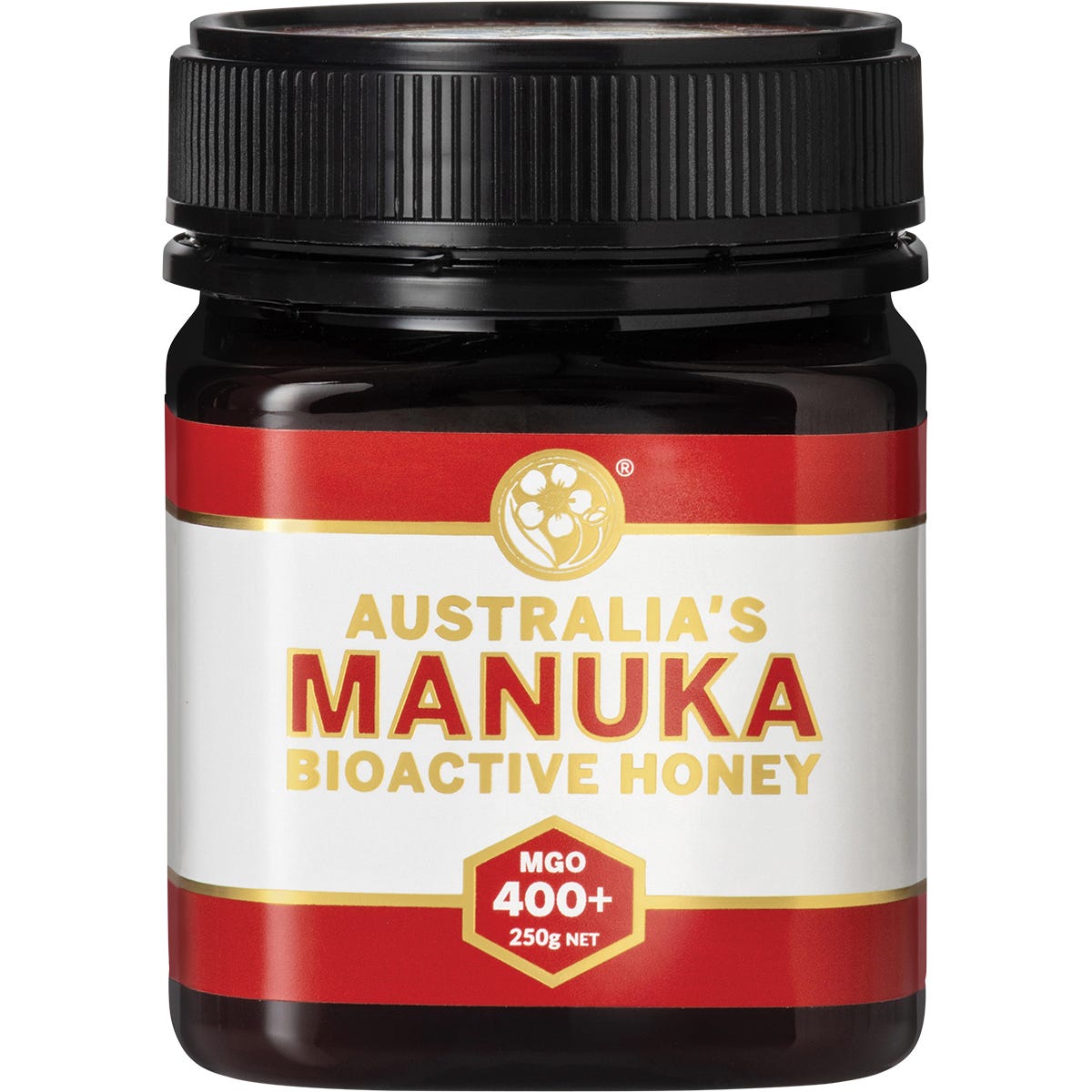 250g jar of Australia's Manuka Bioactive Honey MGO400+ with a gold label on a white background.