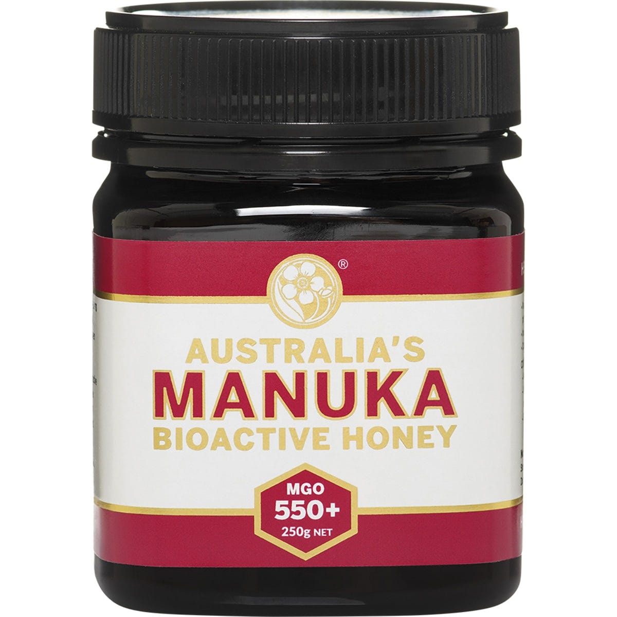 250g jar of Australia's Manuka Bioactive Honey MGO550+ with a gold lid and cream label.