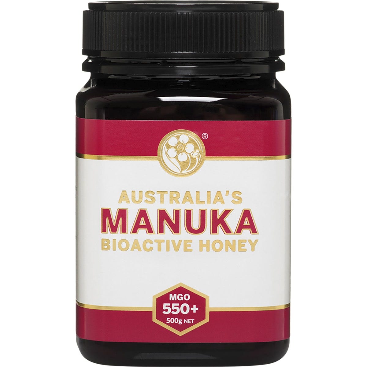 500g jar of Australia's Manuka Bioactive Honey MGO550+ with a gold and black label on a white background.