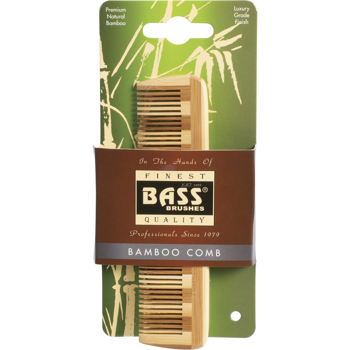 Pocket-sized Bass Brushes fine-tooth comb made from 100% natural bamboo with a smooth, light wood finish.