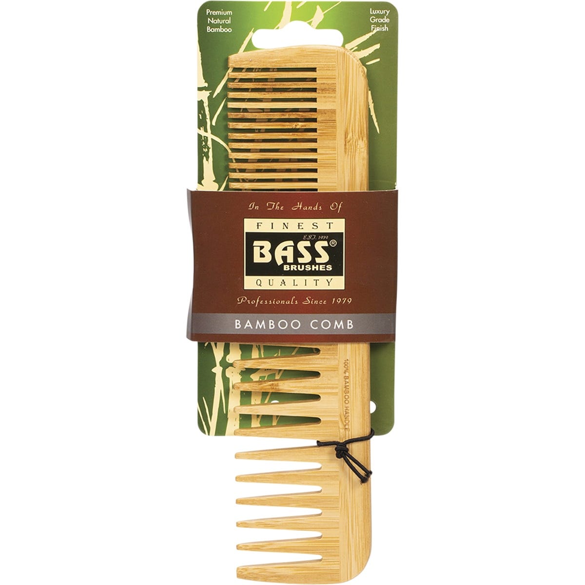 Large Bass Brushes bamboo hair comb with natural wood grain and both wide and fine-tooth sections on a white background.