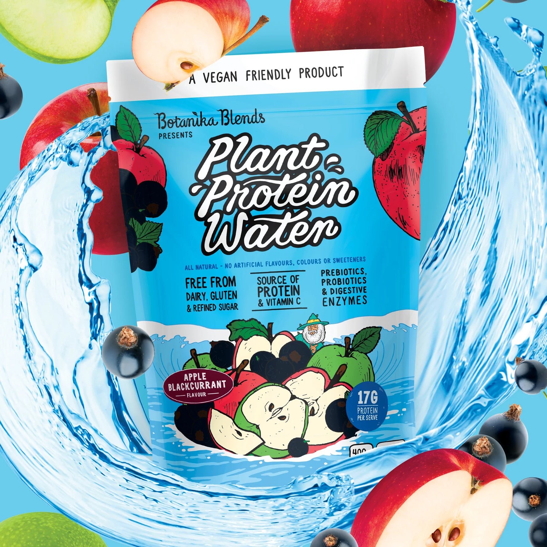 400g bag of Botanika Blends Apple Blackcurrant Plant Protein Water on a white background.
