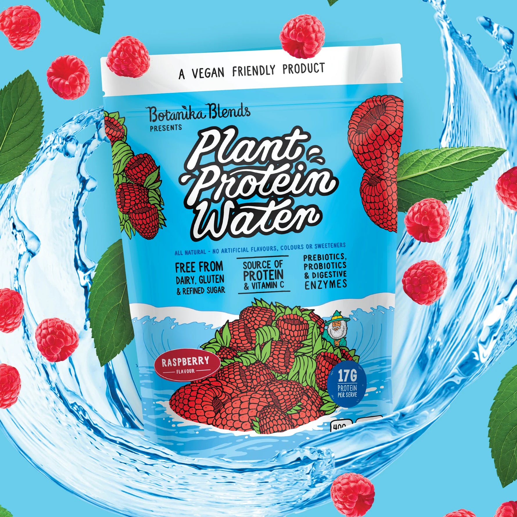 400g tub of Botanika Blends Raspberry Plant Protein Water on a white background.