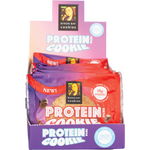 Byron Bay Cookies Milk Choc Chunk Protein Cookie display box with twelve 60g packs on a white background.