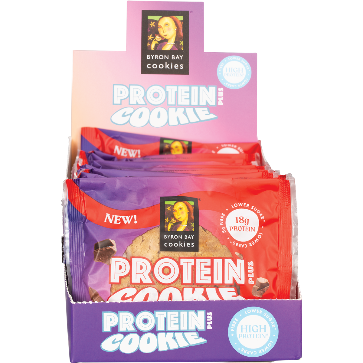 Byron Bay Cookies Milk Choc Chunk Protein Cookie display box with twelve 60g packs on a white background.