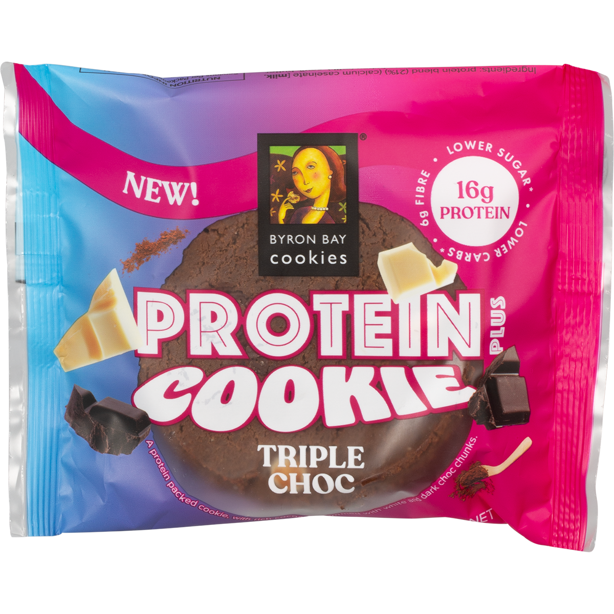 Byron Bay Cookies 60g Triple Choc Protein Cookie pack with white and dark chocolate chips on a white background.
