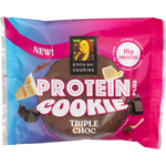 Byron Bay Cookies 60g Triple Choc Protein Cookie pack with white and dark chocolate chips on a white background.
