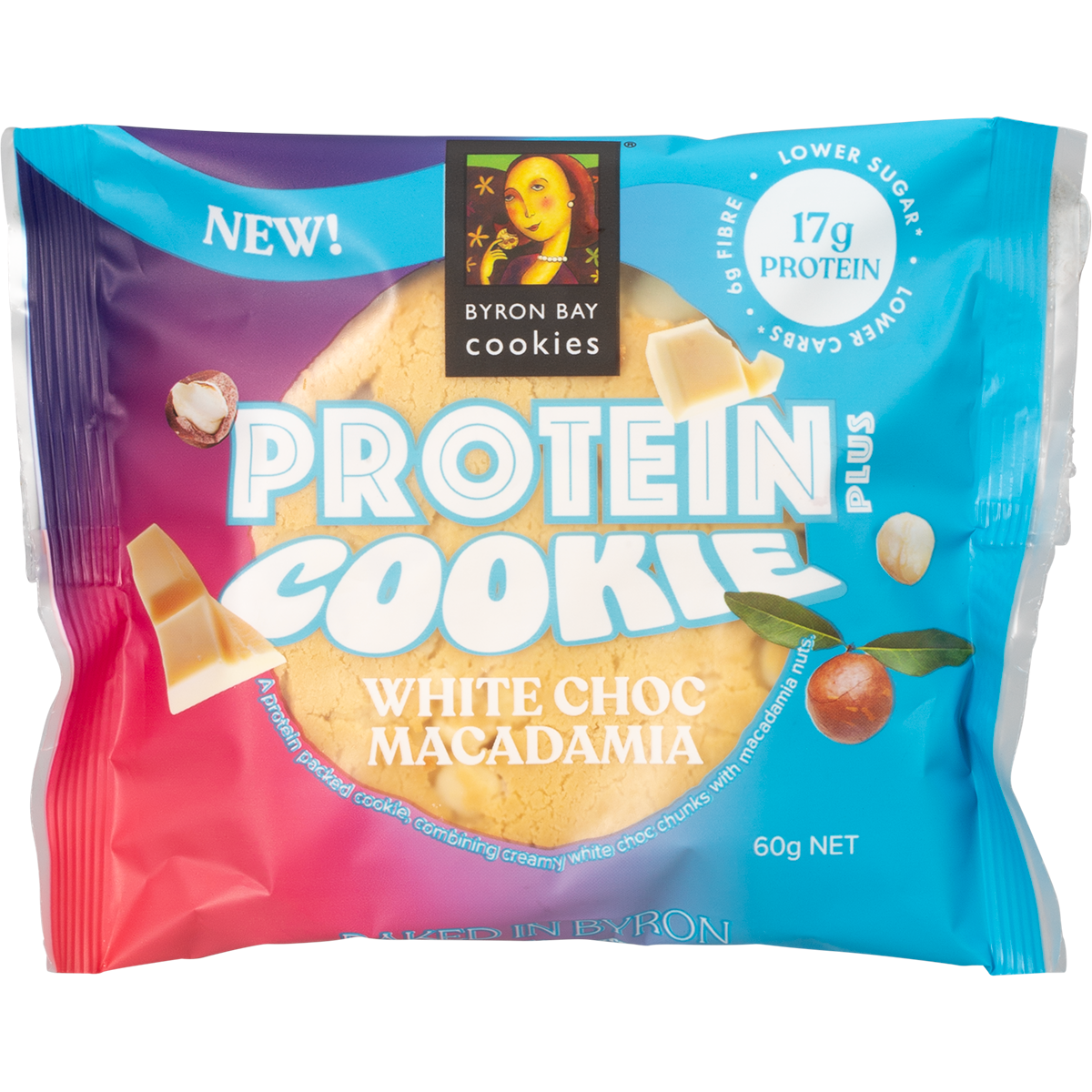 Byron Bay Cookies White Choc Macadamia Protein Cookie 60g pack with a white chocolate and nut image.