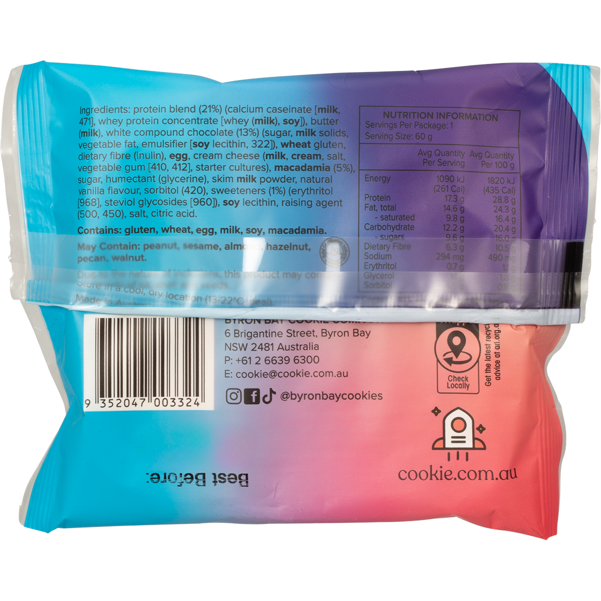 Back of Byron Bay Cookies 60g White Choc Macadamia Protein Cookie pack with nutrition facts and ingredients.