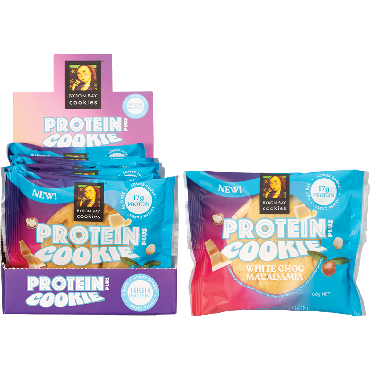 Byron Bay White Choc Macadamia Protein Cookie front and back packaging with a loose cookie on a white background.