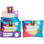 Byron Bay White Choc Macadamia Protein Cookie front and back packaging with a loose cookie on a white background.