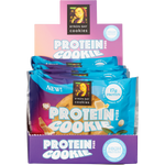 Byron Bay Cookies White Choc Macadamia Protein Cookie display box with twelve 60g packs on a white background.