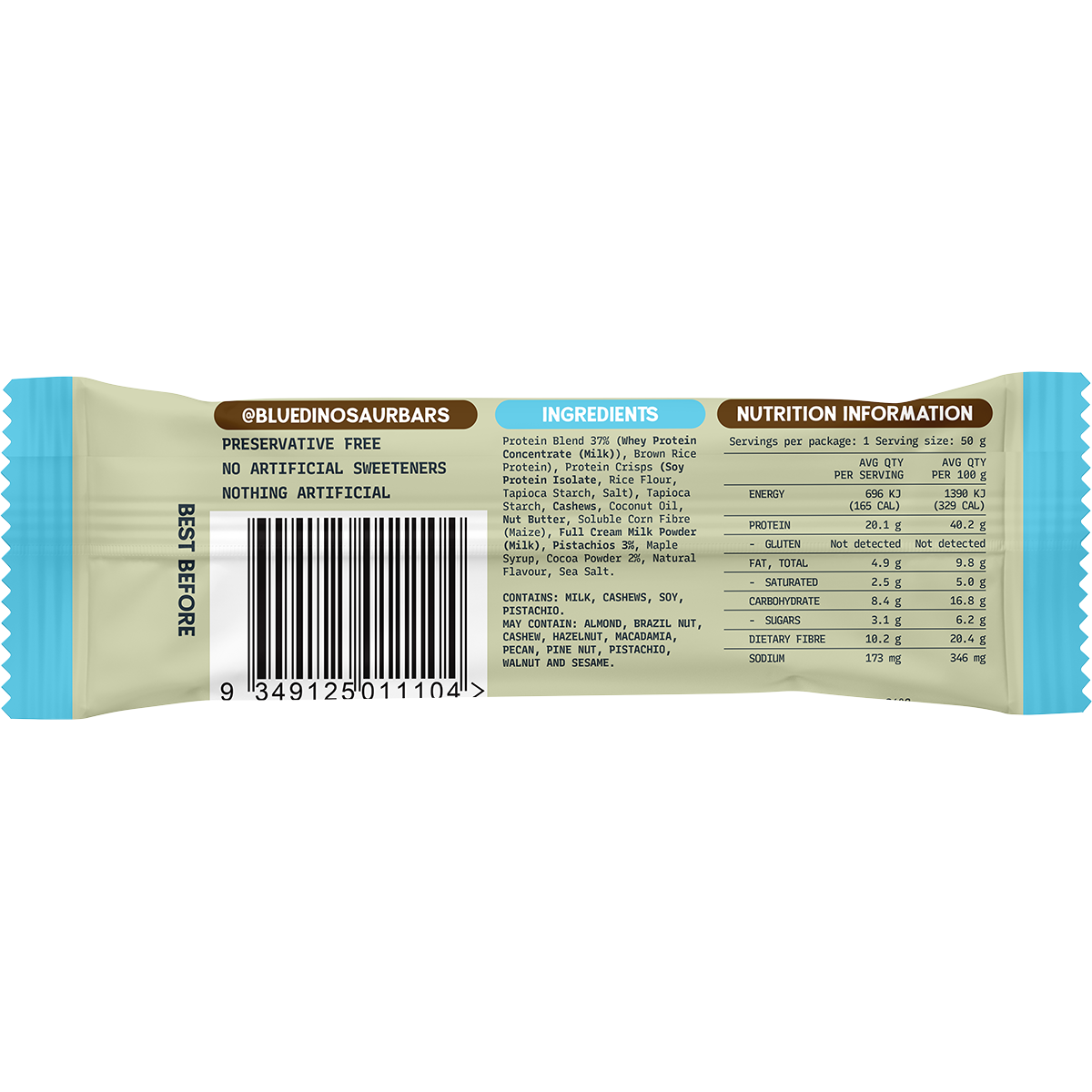 Blue Dinosaur Protein + Fibre Bar Choc Pistachio 50g (Pack of 12)