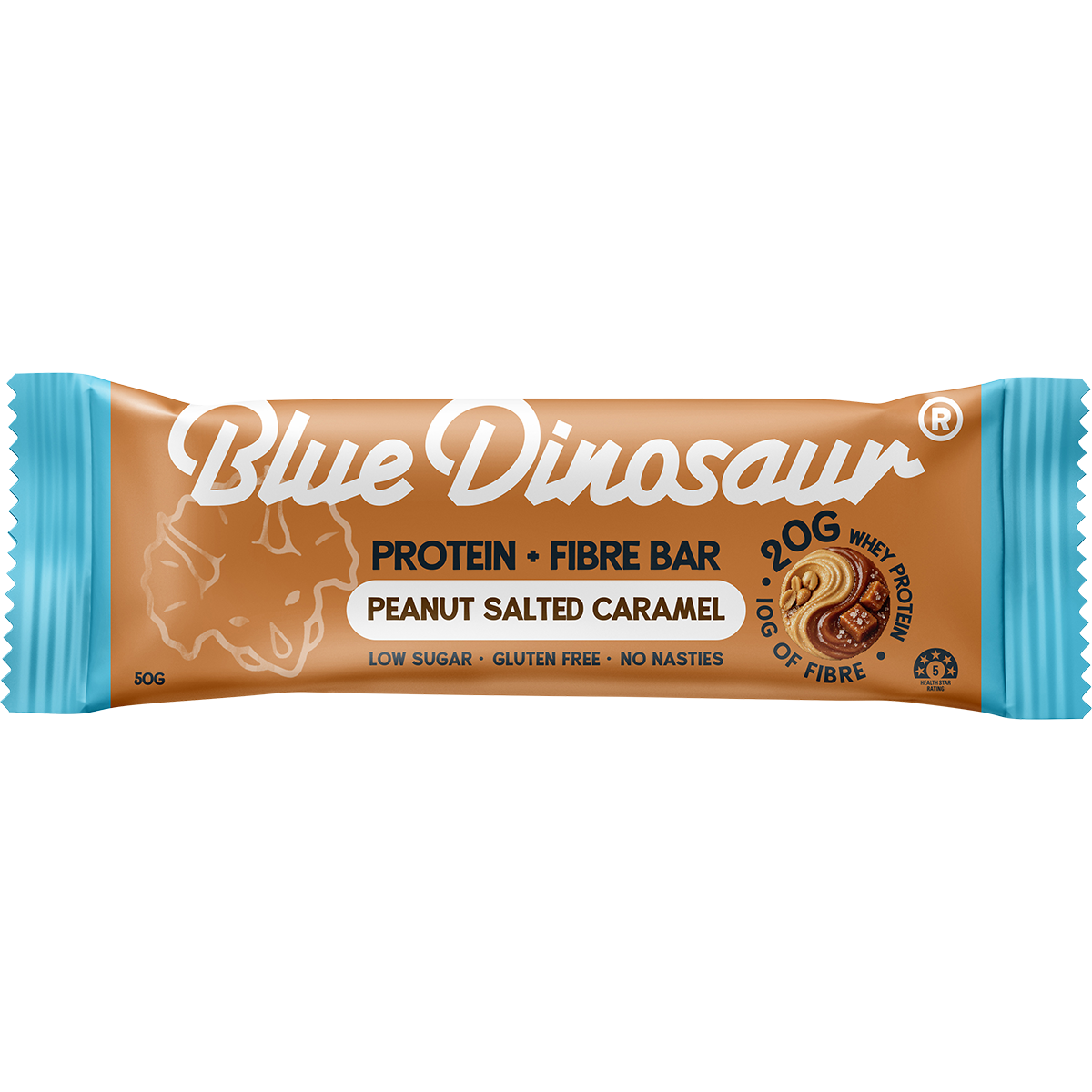 Blue Dinosaur Protein + Fibre Bar Peanut Salted Caramel 50g (Pack of 12)