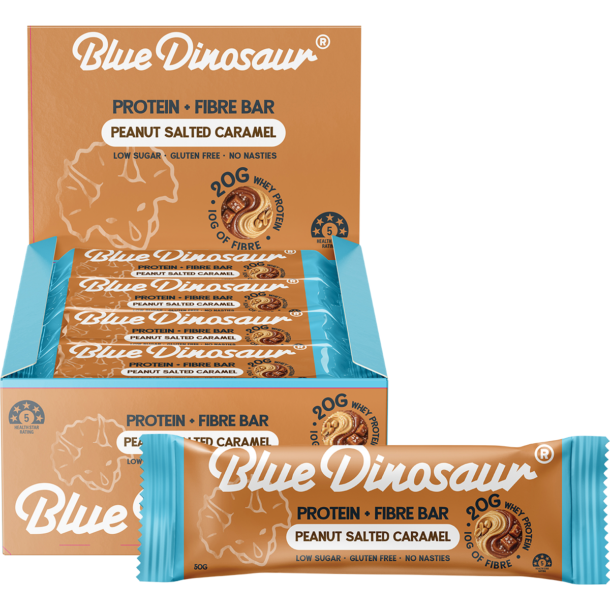 Blue Dinosaur Protein + Fibre Bar Peanut Salted Caramel 50g (Pack of 12)