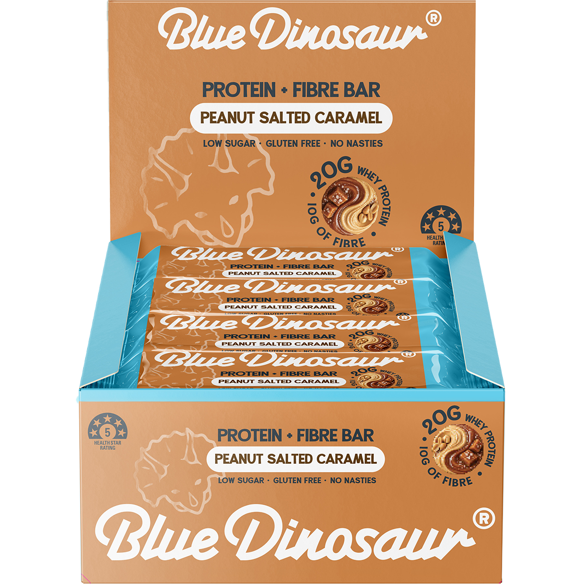 Blue Dinosaur Protein + Fibre Bar Peanut Salted Caramel 50g (Pack of 12)