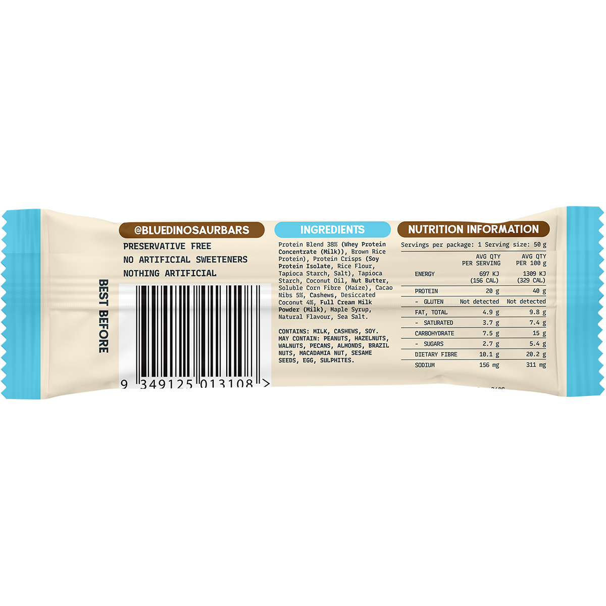 Blue Dinosaur Protein + Fibre Bar Coconut Choc Chip 50g (Pack of 12)