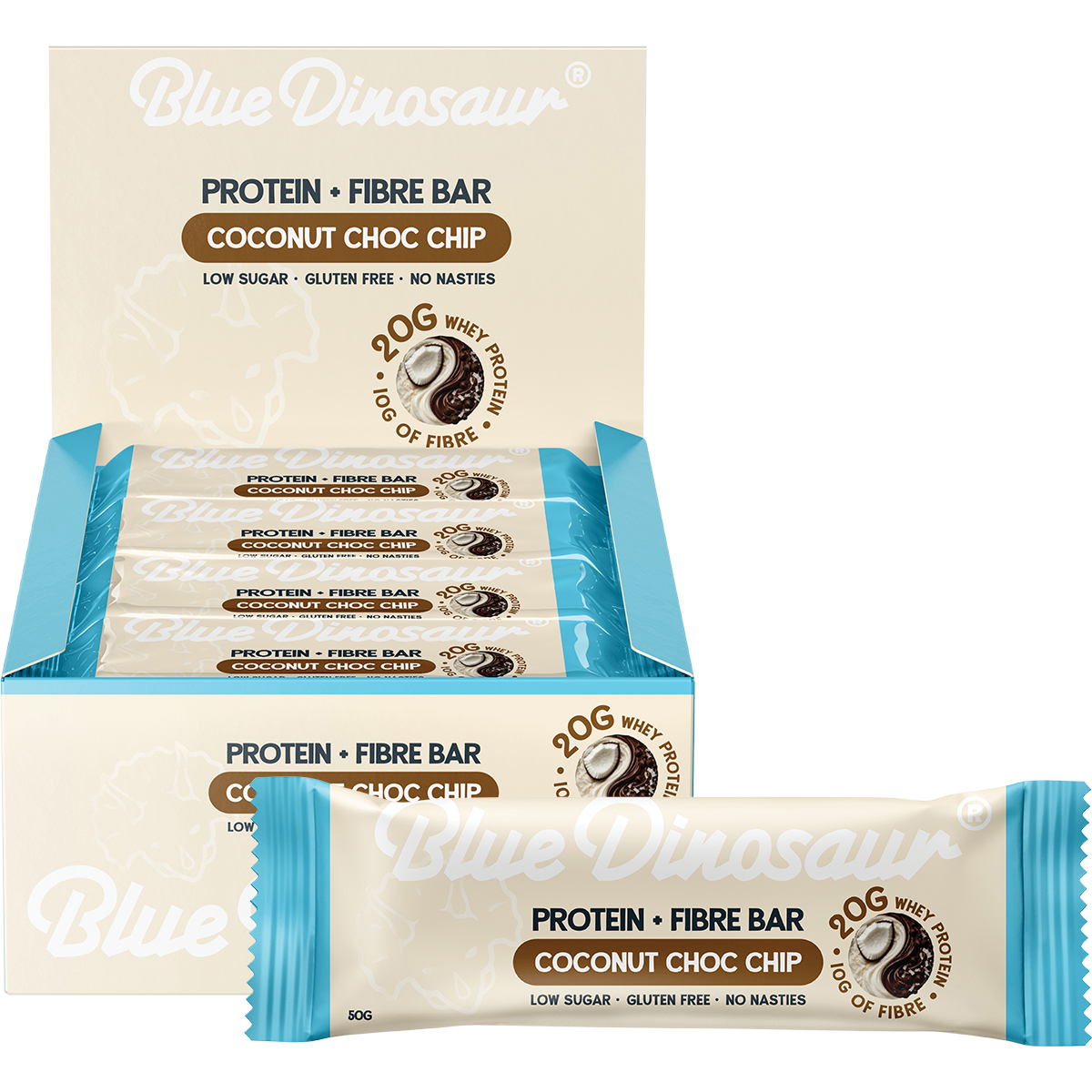 Blue Dinosaur Protein + Fibre Bar Coconut Choc Chip 50g (Pack of 12)