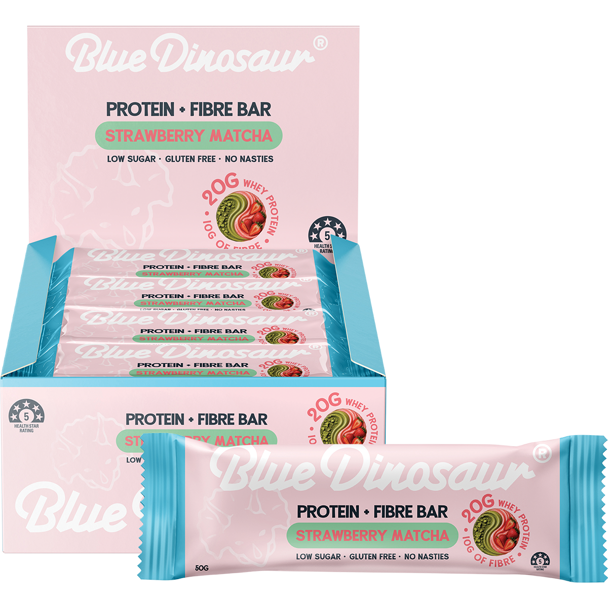 Blue Dinosaur Protein + Fibre Bar Strawberry Matcha 50g (Pack of 12)