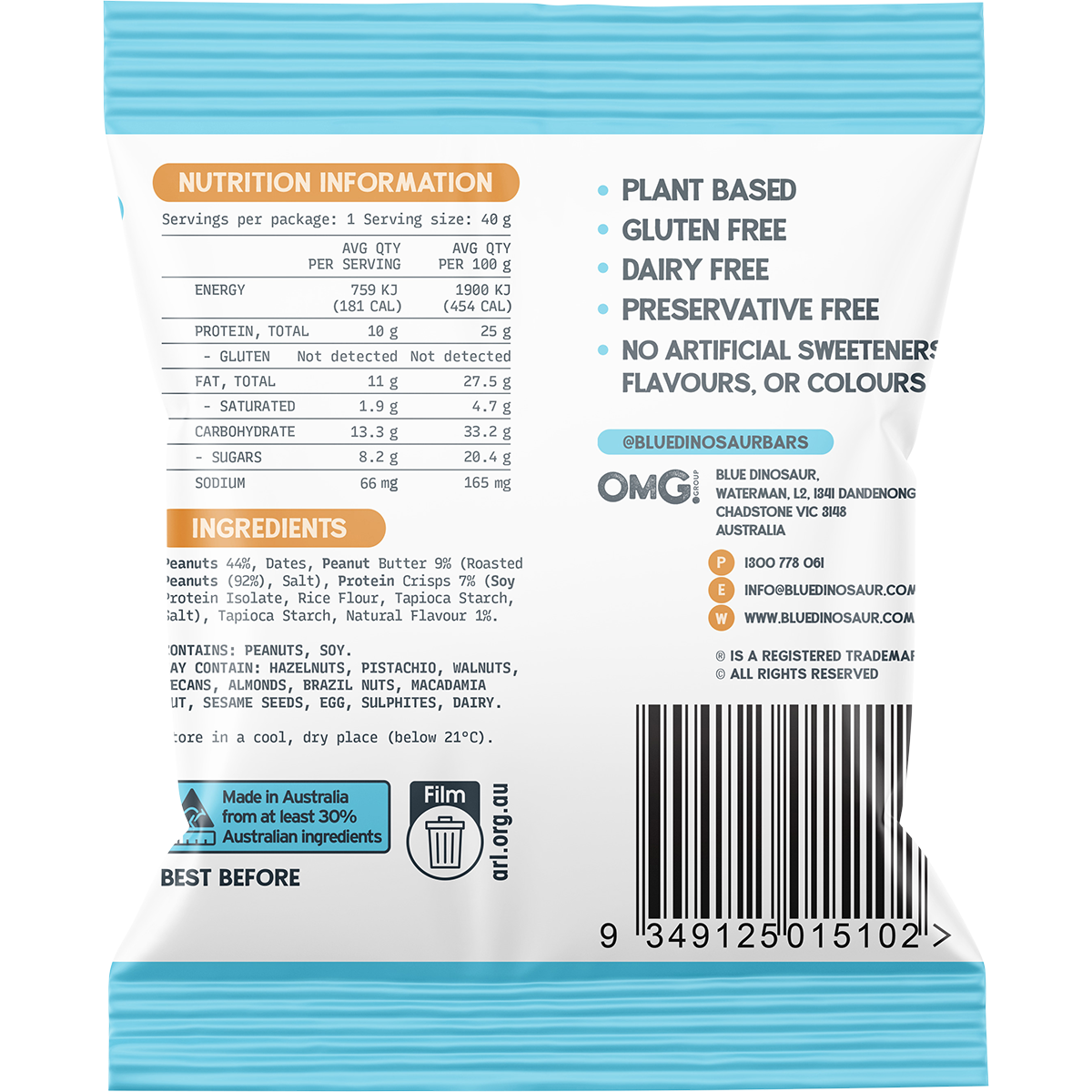 Blue Dinosaur Peanut Butter Protein Ball 40g (Pack of 12)