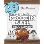 Blue Dinosaur Choc Almond protein ball in a brown and blue wrapper on a white background.
