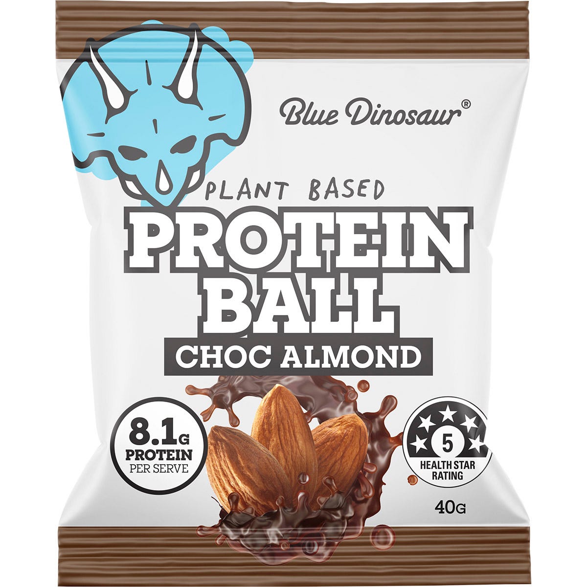 Blue Dinosaur Choc Almond protein ball in a brown and blue wrapper on a white background.