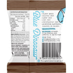 Back of Blue Dinosaur Choc Almond protein ball wrapper showing ingredients and nutritional information.