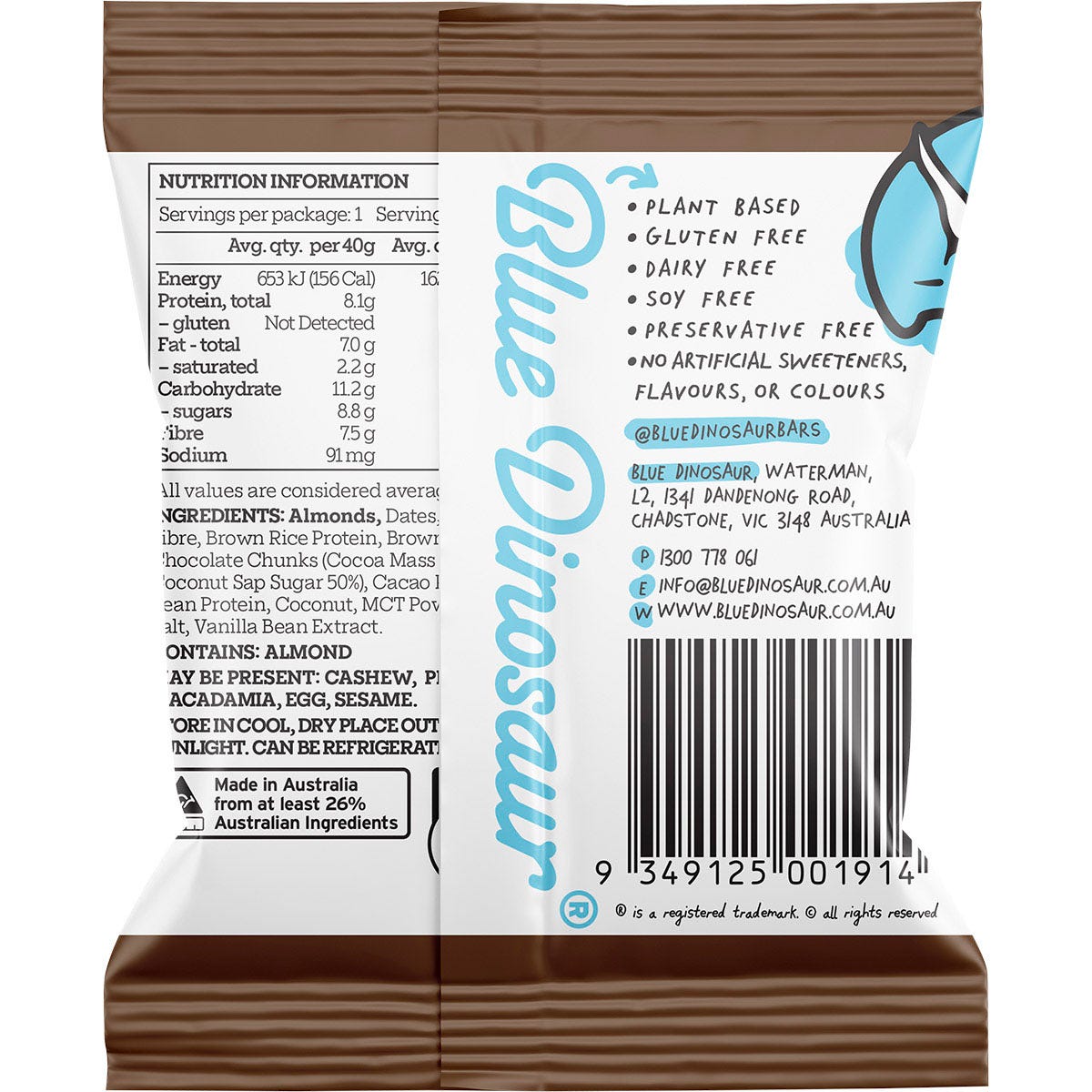 Back of Blue Dinosaur Choc Almond protein ball wrapper showing ingredients and nutritional information.