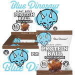 Blue Dinosaur Choc Almond protein ball and a 12-pack display box featuring chocolate chunks and almonds.
