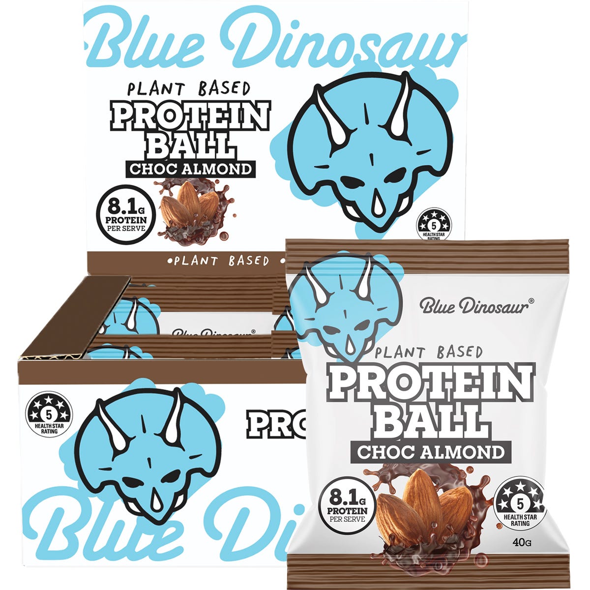 Blue Dinosaur Choc Almond protein ball and a 12-pack display box featuring chocolate chunks and almonds.