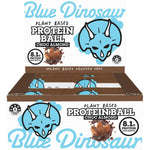 Twelve 40g Blue Dinosaur Choc Almond protein balls in a brown and blue retail display box on a white background.