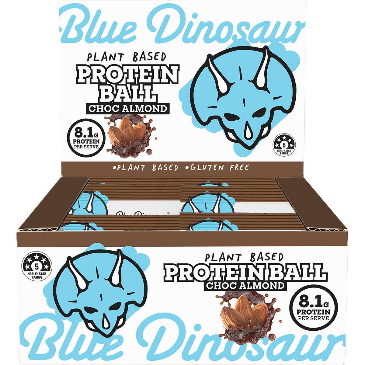 Twelve 40g Blue Dinosaur Choc Almond protein balls in a brown and blue retail display box on a white background.