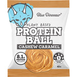Single 40g Blue Dinosaur Caramel Cashew Protein Ball in its brown and blue wrapper on a white background.