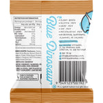 Back of Blue Dinosaur Caramel Cashew Protein Ball wrapper showing ingredients and nutritional information.