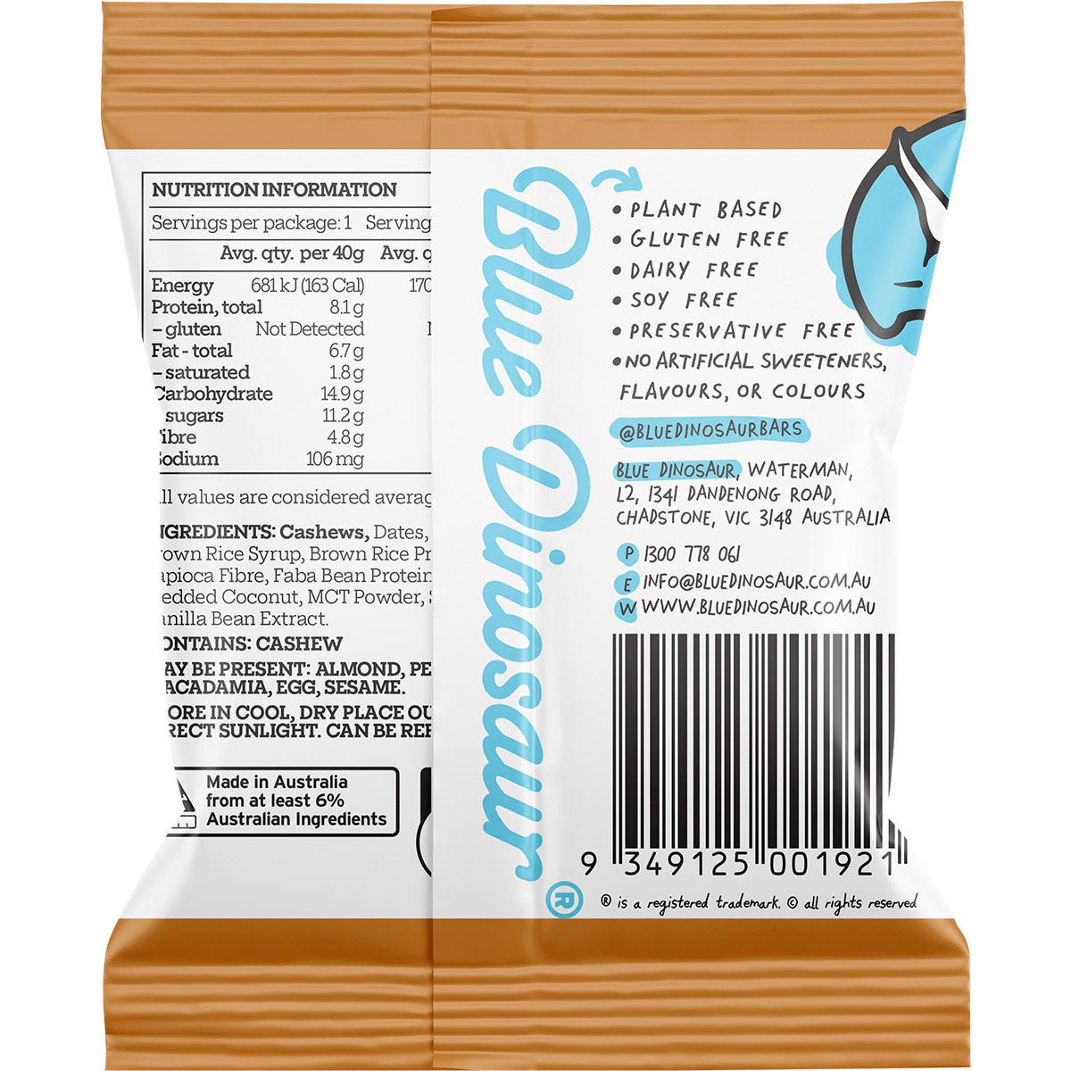 Back of Blue Dinosaur Caramel Cashew Protein Ball wrapper showing ingredients and nutritional information.