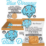 Blue Dinosaur Caramel Cashew Protein Ball 12-pack box and individual 40g snack on a clean white background.