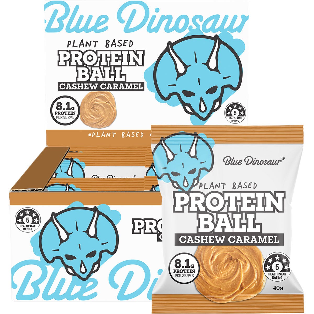 Blue Dinosaur Caramel Cashew Protein Ball 12-pack box and individual 40g snack on a clean white background.
