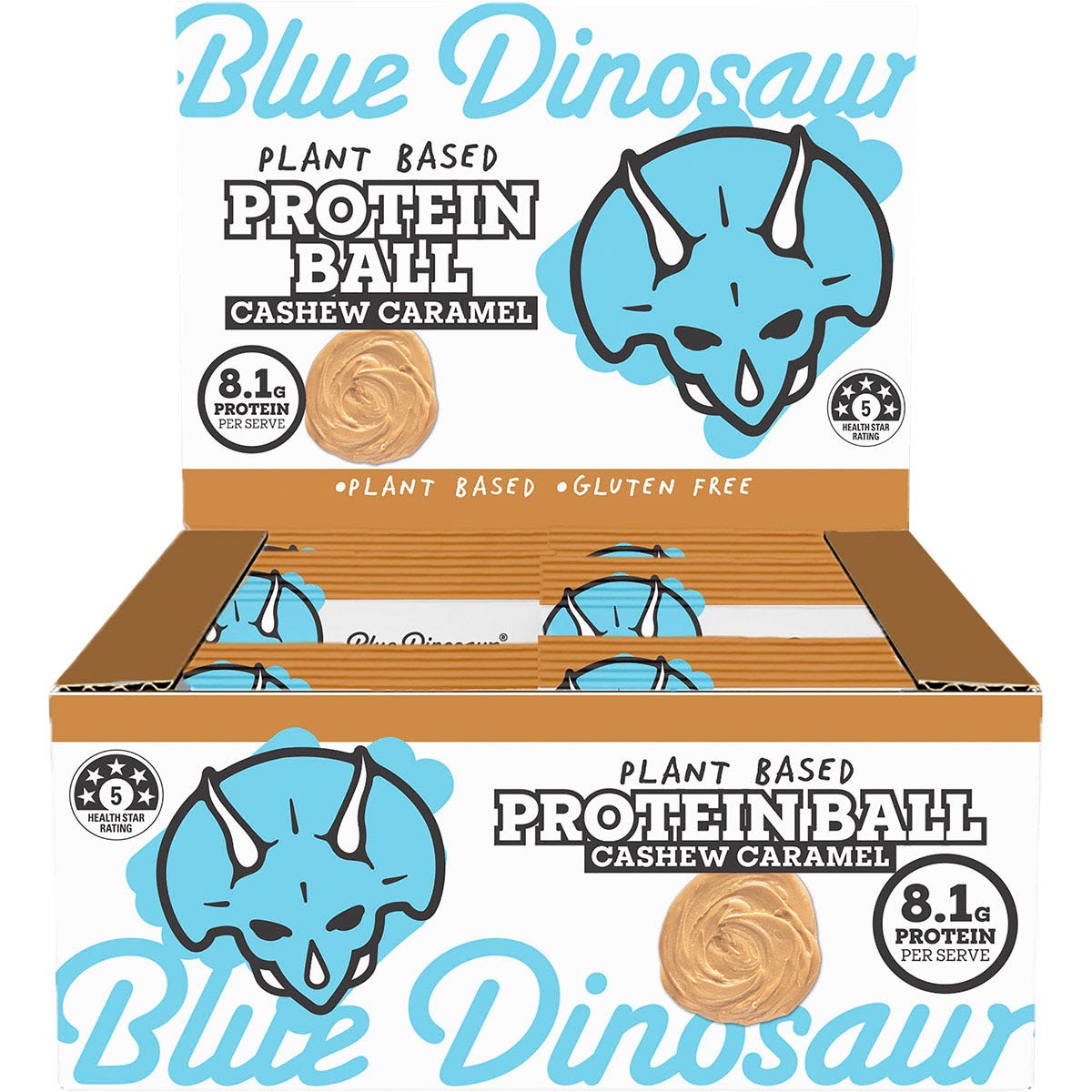 Retail display box of Blue Dinosaur Caramel Cashew Protein Balls containing multiple 40g snack packs on a white background.