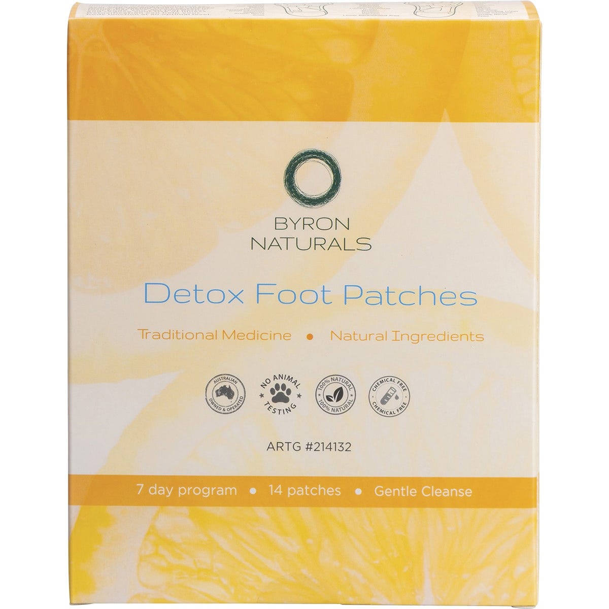 Box of Byron Naturals Foot Patches containing 7 pairs, featuring natural herbal ingredients for detoxification.
