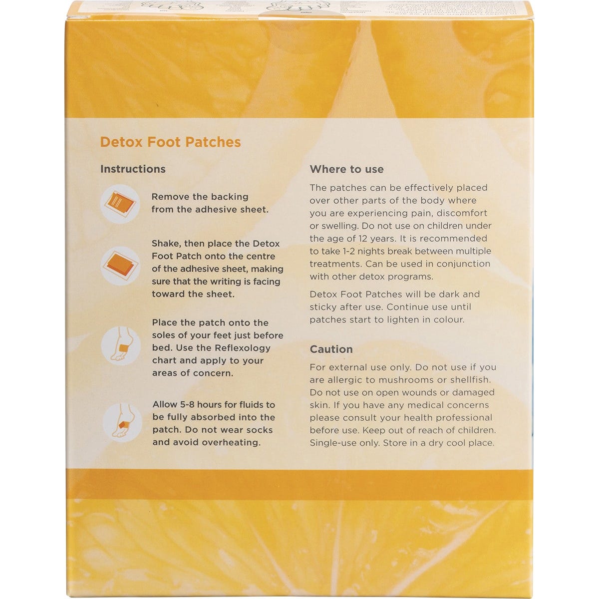 Back of Byron Naturals Foot Patches box with product benefits, ingredients, and directions for use on a white background.