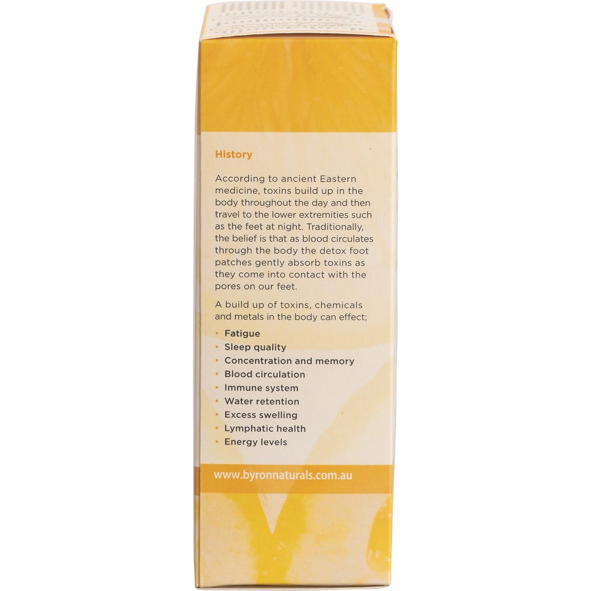 Right side of a Byron Naturals Foot Patches box showing product features on a white background.