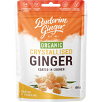 Buderim Ginger 100g Organic Crystallised Ginger pouch with "Coated in Crunch" text on a white background.