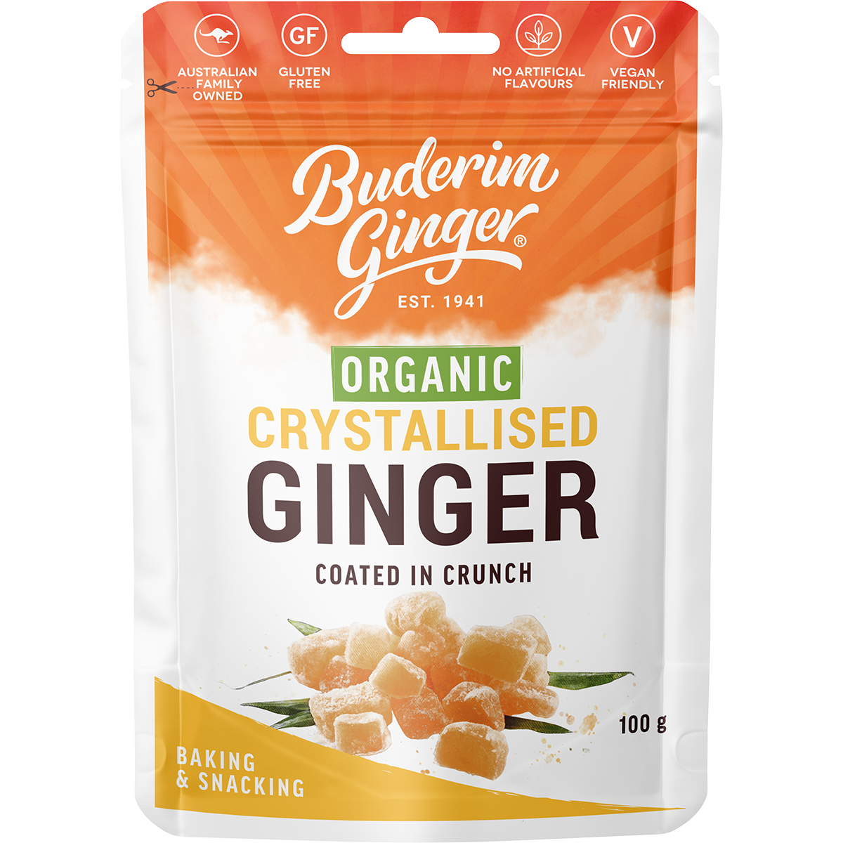 Buderim Ginger 100g Organic Crystallised Ginger pouch with "Coated in Crunch" text on a white background.
