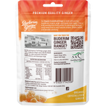 Back of Buderim Ginger 100g Organic Crystallised Ginger pouch showing ingredients and nutrition facts on white background.